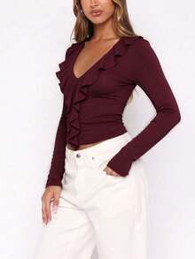 優雅時尚深V領荷葉邊長袖修身女上衣，秋冬新款，可單穿或層次穿搭 - 酒紅色 - 查看 6