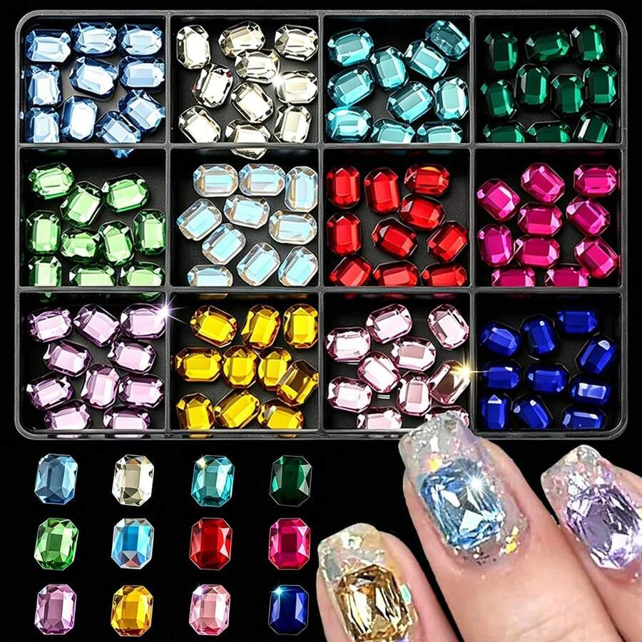 1 Box 120pcs 6*8mm Colorful Nail Art Rhinestones 3D Rectangle Shape Crystal Flatback Rhinestones Gems Glass Stones Diamonds Jewels Nail Art Supplies Charms For Nail Art DIY Decorations - TQ95 - View 1