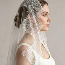 Mantilla Style Lace Bridal Veil, French Lace Trim Long Fingertip Length, With Invisible Hair Comb Wedding Photography Prop - Off-white - View 14