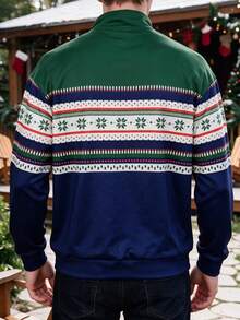 Men's Christmas Fair Isle Striped Half-Zip Stand Collar Sweatshirt, Thickened Top - Multicolor - View 4