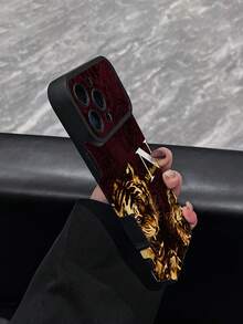 1pc Customized Name & Initial Bold Atmosphere Burgundy Dark Pattern Rose Double Tiger Design Black Edge Four-Corner Anti-Drop Texture Phone Case Compatible With Apple 18ProMax/17ProMax/16Pro/15/14Plus/13Pro/12ProMax/11 Phone Accessories, Premium Phone Case - Multicolor - View 5