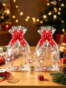 10pcs Christmas Snowflake Transparent Drawstring Gift Bags, Empty Packaging Bags With Red Decorative Bows, Christmas Party Gift Packaging Bags - Multicolor - View 6