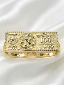 1pc Hip-Hop Style Gold-Plated 100 Dollar Bill Double Finger Ring, Unisex Vintage Embossed Dollar Sign Connected Ring, Suitable For Music Festivals, Parties, Gatherings, Shopping, Best Gift For Boyfriend - Gold - View 3