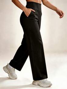Hotalk Plus Size Solid Color High Waist Casual Straight Stretch Pants Black, Work To Weekend - Black - View 3