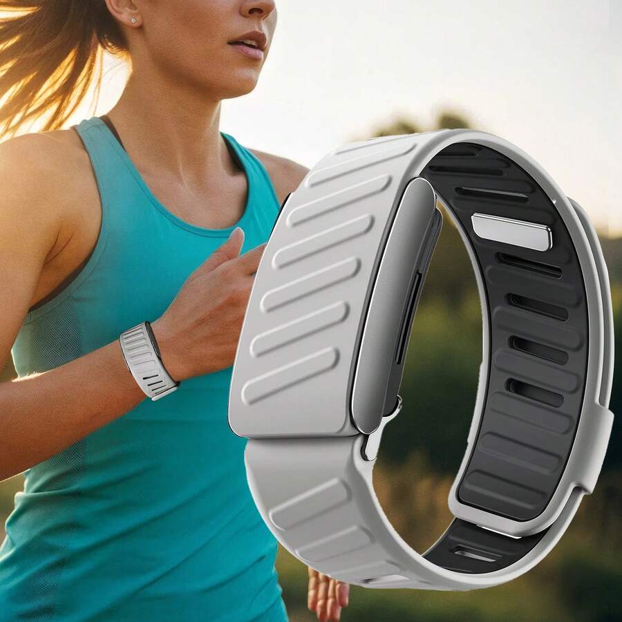 1pc Dual-Color Silicone Sports Wristband Strap, Comfortable Durable Soft Touch, Suitable For WHOO P 5.0/MG Band, Waterproof Sweatproof Breathable Adjustable, ECG Model Universal Fitness Tracker Wristband Accessory, Unisex - Light Gray - View 1