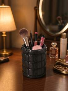 3D Printed Puff Grid Makeup Brush Holder, Faux Leather Wrapped Quilted Texture, Classic Black And White Color Scheme. Ruched Rim, Large Capacity Storage For Makeup Brushes And Eyebrow Pencils, Premium Quality, Creating An Elegant Vanity. - Multicolor - View 4