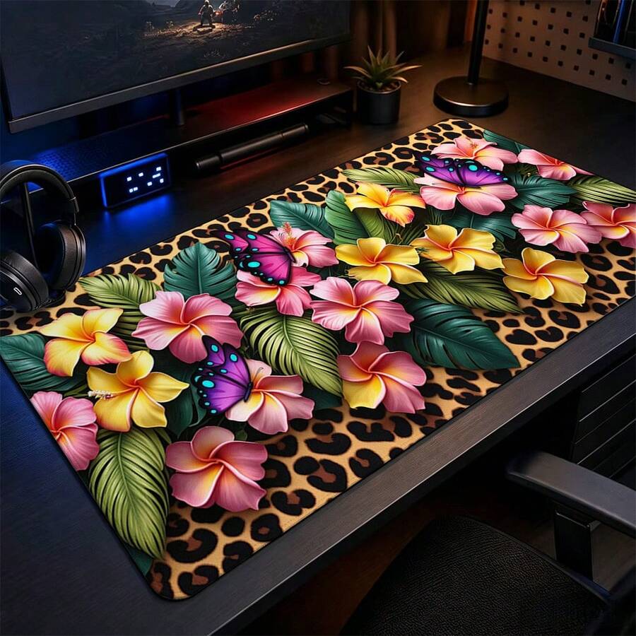 1pc Leopard Print Tropical Floral Mouse Pad, Hibiscus Butterfly Palm Leaf Hawaiian Pattern Extended Desk Mat, Suitable For Home Office And Gaming, Size S/M/L/XL - View 1
