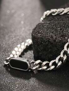 1pc Stainless Steel Unisex Personalized Minimalist Geometric Black Square Fashion Street Hip-Hop Necklace - Silver - View 5