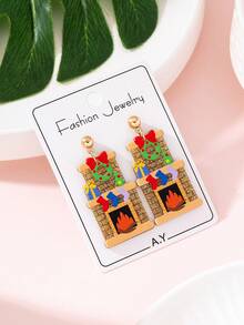 1 Pair Winter Sparkling Fireplace Print Wreath, Christmas Stocking, Christmas Tree Design Fashion Earrings For Women, Suitable For Christmas Holiday Party Wear And Gifting - Multicolor - View 3