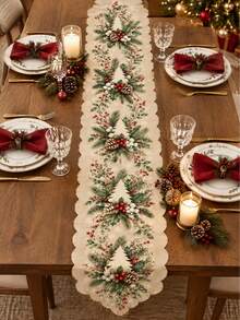 Christmas Linen Table Runner, Pine Branch Red Berry Pine Cone Christmas Tree Print Wavy Edge Dining Table Decor, Winter Holiday Restaurant Home Decoration, Christmas Decoration - A - View 6