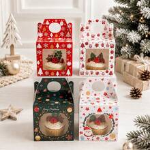 4/12/28pcs Christmas Cartoon Full Print Handheld Gift Boxes, Santa Claus & Snowman Pattern Party Favor Boxes, Holiday Dessert Paper Boxes - Multicolor - View 5