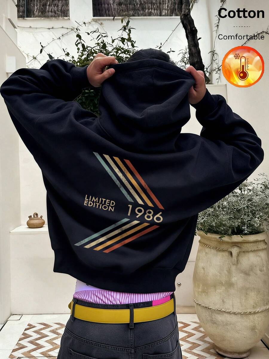 Autumn/Winter Men's Fleece Hoodie, Back Striped Pattern, LIMITED EDITION 1986 Text, Y2K Style - Black - View 1