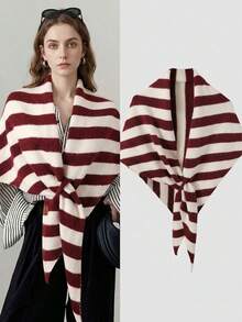Stylish, Casual Striped Knit Shawl Featuring A Front-Tie Design; Soft And Lightweight, Suitable For Both Everyday Wear And Evening Attire; Thickened Knit // Suitable For All Seasons. - Multicolor - View 12