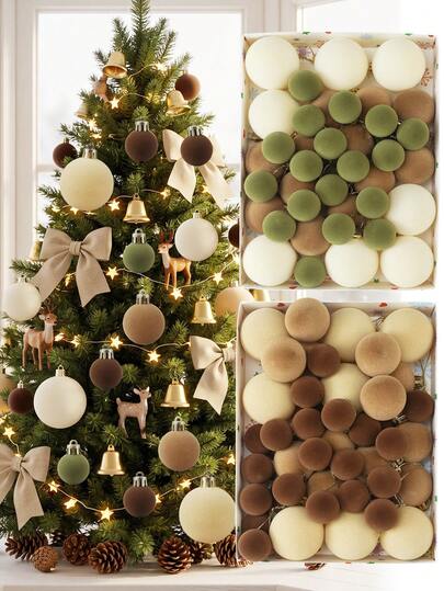 42pcs Multicolor Flocked Christmas Ball Ornaments, Brown White Green Shatterproof Christmas Decoration Set, Christmas Gift Box, Christmas Tree Ball Ornaments, Pre-Strung Hanging Decorations, Holiday Wedding Party Decoration, Shatterproof Plastic Balls, Christmas Tree Hanging Ornaments, Christmas Decoration (Brown White Green)