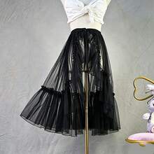 Lolita Mesh Overlay Skirt 70cm, Single Layer Sheer Ruffle Hem Skirt, Black/White Optional Outer Layer - Multicolor - View 17