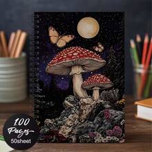 Vintage Mushroom And Butterfly Starry Sky Art A5 Spiral Notebook, Black Spiral, 50 Sheets 100 Pages, For Student Classroom Notes, Office Meeting Records, Portable Diary And Planner Notebook - One Book (50 Pages, 100 Pages) - View 1