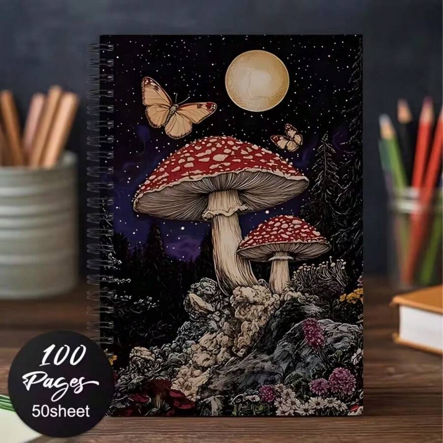 Vintage Mushroom And Butterfly Starry Sky Art A5 Spiral Notebook, Black Spiral, 50 Sheets 100 Pages, For Student Classroom Notes, Office Meeting Records, Portable Diary And Planner Notebook - One Book (50 Pages, 100 Pages) - View 1