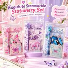 4 Buah Set Alat Tulis Kupu-kupu Cantik, Tersedia Berbagai Gaya, Perlengkapan Sekolah Anak Perempuan yang Lucu dengan Buku Catatan, Pulpen Gel, Stiker, dan Kertas Tempel - Set alat tulis kupu-kupu yang indah - View 1
