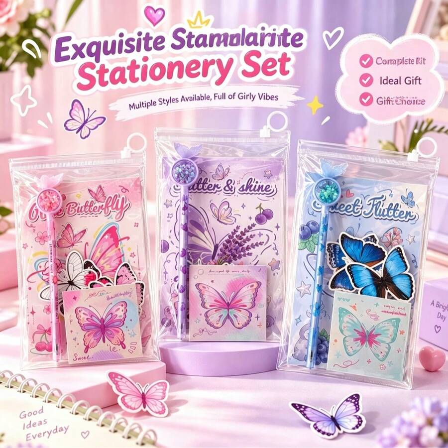4 Buah Set Alat Tulis Kupu-kupu Cantik, Tersedia Berbagai Gaya, Perlengkapan Sekolah Anak Perempuan yang Lucu dengan Buku Catatan, Pulpen Gel, Stiker, dan Kertas Tempel - Set alat tulis kupu-kupu yang indah - View 1