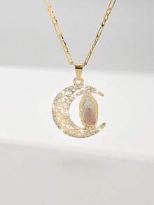 1 pieza Colgante de collar de la Virgen María con luna pintado a mano, incrustado con circonita cúbica y cobre, de estilo de moda y sencillo, viene en caja de regalo, adecuado para regalar a - Amarillo Oro - Ver 1