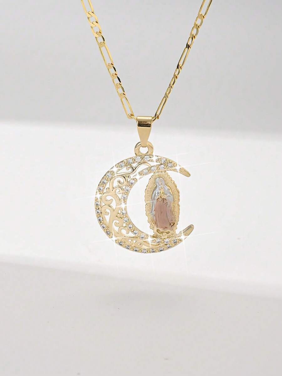 1 pieza Colgante de collar de la Virgen María con luna pintado a mano, incrustado con circonita cúbica y cobre, de estilo de moda y sencillo, viene en caja de regalo, adecuado para regalar a - Amarillo Oro - Ver 1