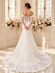 HEARBOBO Elegant White Lace Applique Mermaid Graduation Gown, Fairy Wedding Dress With Train - White - View 2
