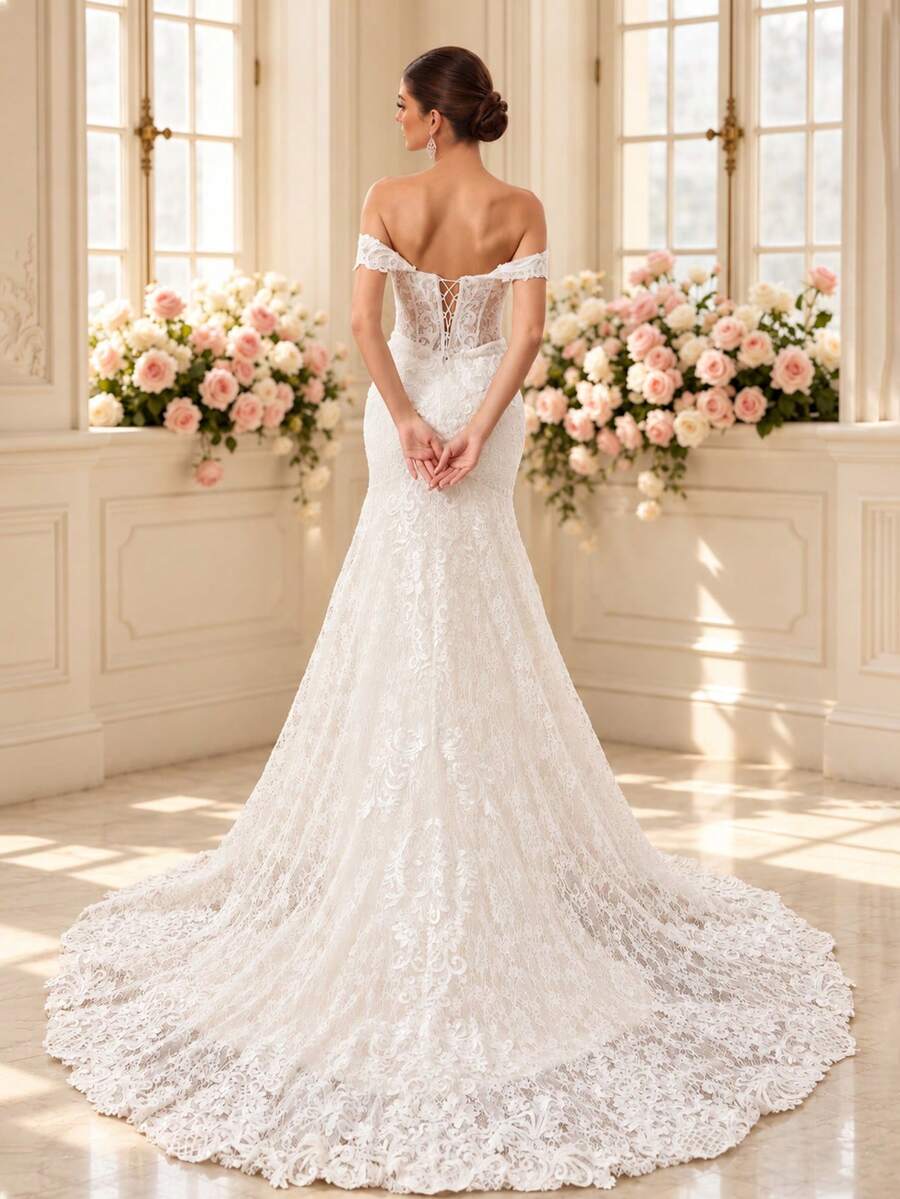 HEARBOBO Elegant White Lace Applique Mermaid Graduation Gown, Fairy Wedding Dress With Train
