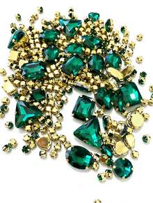 130顆透明縫製水鑽，金屬爪鑲，混色形狀縫製玻璃寶石，適用於珠寶、衣物、服裝、鞋子、洋裝、服飾 - 金底-綠色 - 查看 3