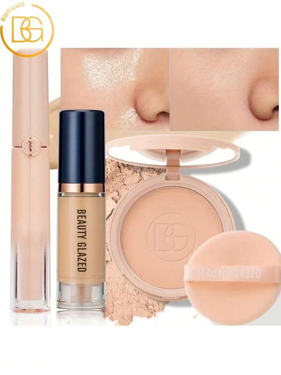 beauty glazed 3 PCS Makeup Set: 1 Ultra-Luminous Matte Foundation+1 Lightweight Liquid Concealer+1 Oil Control Loose Powder, Waterproof, Long-Lasting, Matte Finish, Silky Texture, Easy Application, Travel-Friendly, Makeup Kit For Natural And Refined Makeup Look - B97#05+B117#404+B8885#102 - View 1