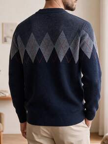 Men's Thick Round Neck Sweater, Business Casual Jacquard Knit Long Sleeve Top, Versatile Layering Piece, Plaid & Striped Pattern, Autumn/Winter - Navy Blue - View 5