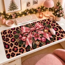 1pc Pink Leopard Christmas Bow Mouse Pad, Festive Ornament Pine Poinsettia Pattern Extended Desk Mat For Home Office And Gaming, Sizes S/M/L/XL - View 1