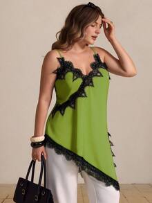 Plus Size Women's Urban Casual Lace Split Asymmetric Hem V-Neck Patchwork Solid Color Camisole Camisole - Green - View 1