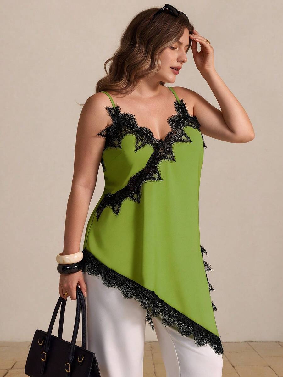 Plus Size Women's Urban Casual Lace Split Asymmetric Hem V-Neck Patchwork Solid Color Camisole Camisole - Green - View 1