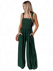 Acelitt Women's Solid Color Square Neck Pleated Patchwork Pocket Casual Vacation Loose Wide Leg Sleeveless Jumpsuit, Summer Elegant - Green - View 2