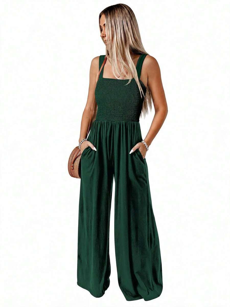 Acelitt Women's Solid Color Square Neck Pleated Patchwork Pocket Casual Vacation Loose Wide Leg Sleeveless Jumpsuit, Summer Elegant