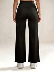 Hotalk Plus Size Solid Color High Waist Casual Straight Stretch Pants Black, Work To Weekend - Black - View 6