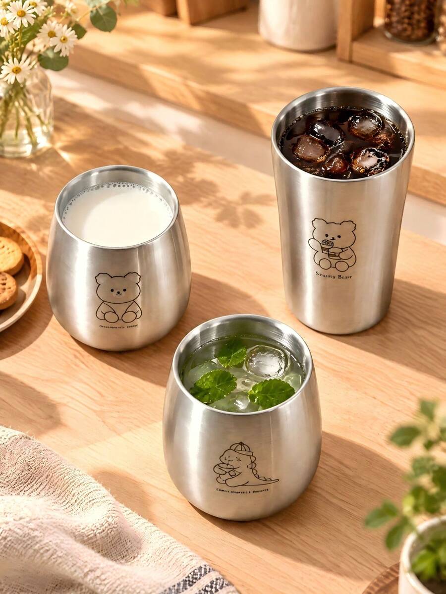 Children's 304 Stainless Steel Double-Wall Water Cup (Cartoon Bear, Tiger, Dinosaur) – Baby Feeding Cup/Home Tableware - Multicolor - View 1