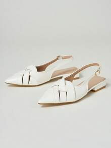 Women's Pointed Toe Woven Hollow Back Strap Flat Sandals, Solid Color Fashion Cutout Outdoor - White - View 4