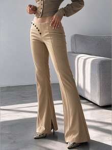 Women's Elegant Flare Pants, Asymmetrical Button Detail Split Hem Bootcut Trousers, Front Seam Slim Fit Dress Pants For Office Work & Business Casual - Khaki - View 3