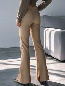 Women's Elegant Flare Pants, Asymmetrical Button Detail Split Hem Bootcut Trousers, Front Seam Slim Fit Dress Pants For Office Work & Business Casual - Khaki - View 5