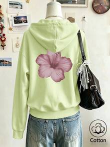Women's Cotton Loose Fit Sweatshirt With Pockets, Autumn/Winter, Printed - Pink Yellow - View 2
