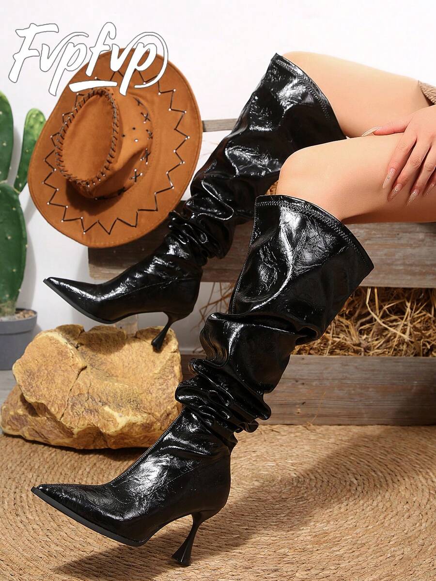 FVPFVP Kendo Influencer Style Patent Leather Square Toe Tall Boots Slimming Knight Boots Women Chunky High Heel Autumn Winter Boots - Black - View 1