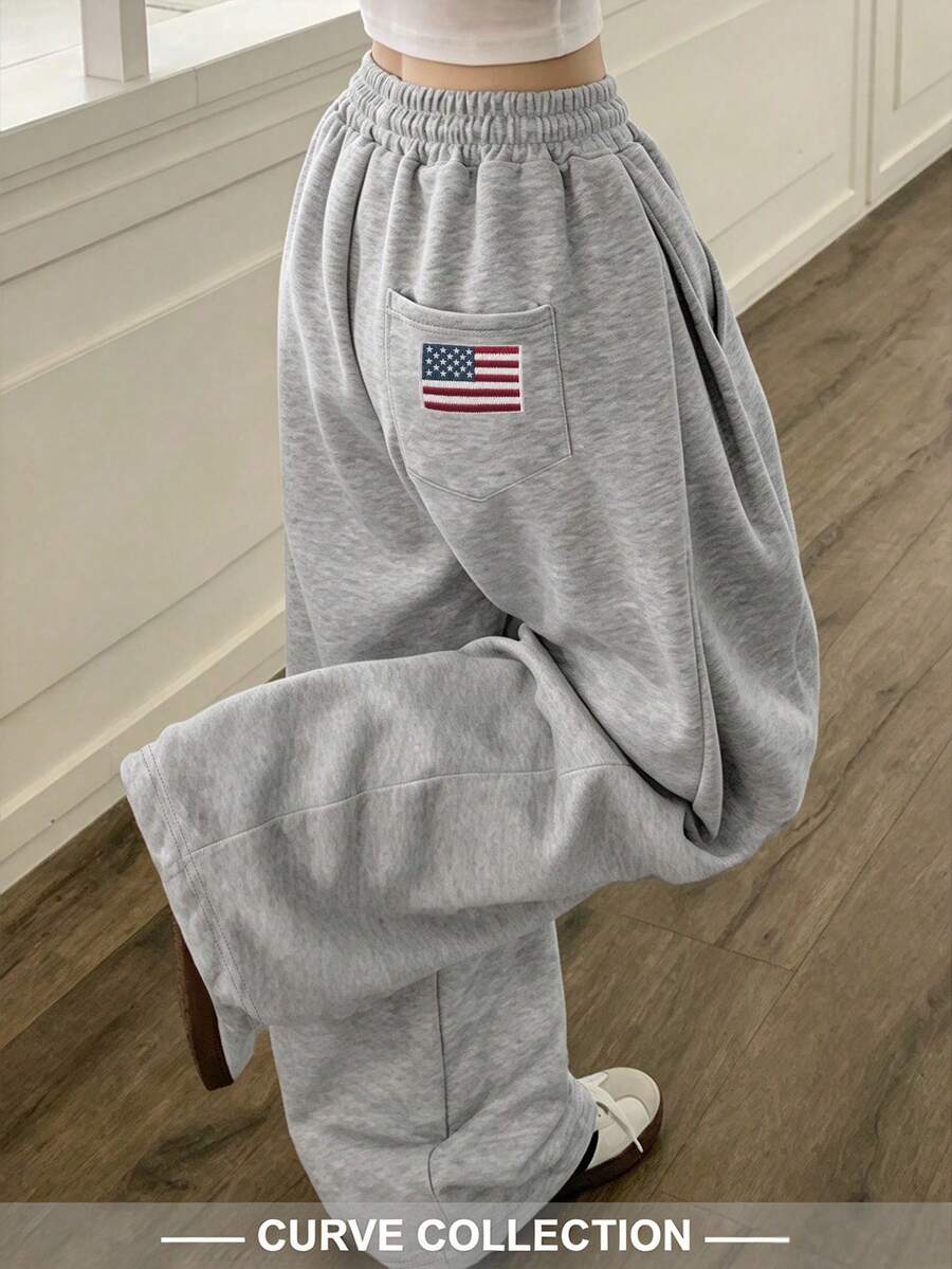 Plus Size Comfortable Grey Wide Leg Long Fashion Casual Sports Pants Knit Fabric - Light Grey - View 1