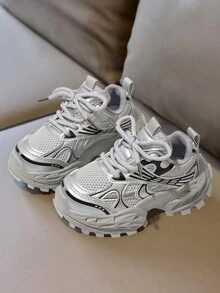 Kids Silver Grey Mesh Chunky Sneakers, Spring/Autumn Breathable Thick Sole Shock-Absorbing Non-Slip Sports Running Shoes For Boys And Girls - Grey - View 2