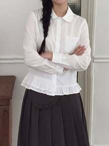 White Ruffle Hem Asymmetrical Versatile Lace Trim Layering Blouse - White - View 6