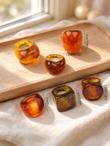 5/8 Pcs Vintage Chunky Resin Ring Set For Women, Retro Amber Marble Pattern Wide Band Geometric Stackable Finger Rings Daily Party Jewelry Gift - Vintage Irregular Resin Ring - View 6