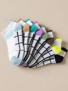 8 Pairs Women's Japanese Style Geometric Line Sports Socks, Low-Cut Short Socks, Comfortable Soft Versatile Student, Non-Slip Wear-Resistant Running Fitness Socks - Multicolor - View 3