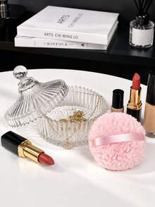 Elegant Glass Jar And Powder Puff Set With Soft Satin Bows Clear Cosmetic Container For Women Fluffy Powder Applicator For Face And Body Makeup Ribbed Vanity Storage Box With Lid Plush Powder Pads Dressing Table Organizer Makeup Tools And Accessories - Multicolor - View 7