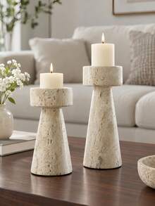 1pc Travertine Beige Pillar Candle Holder Set, Wabi-Sabi Stone-Effect Textured Candlestick, Minimalist Living Room Coffee Table Decor - Beige Travertine - View 1