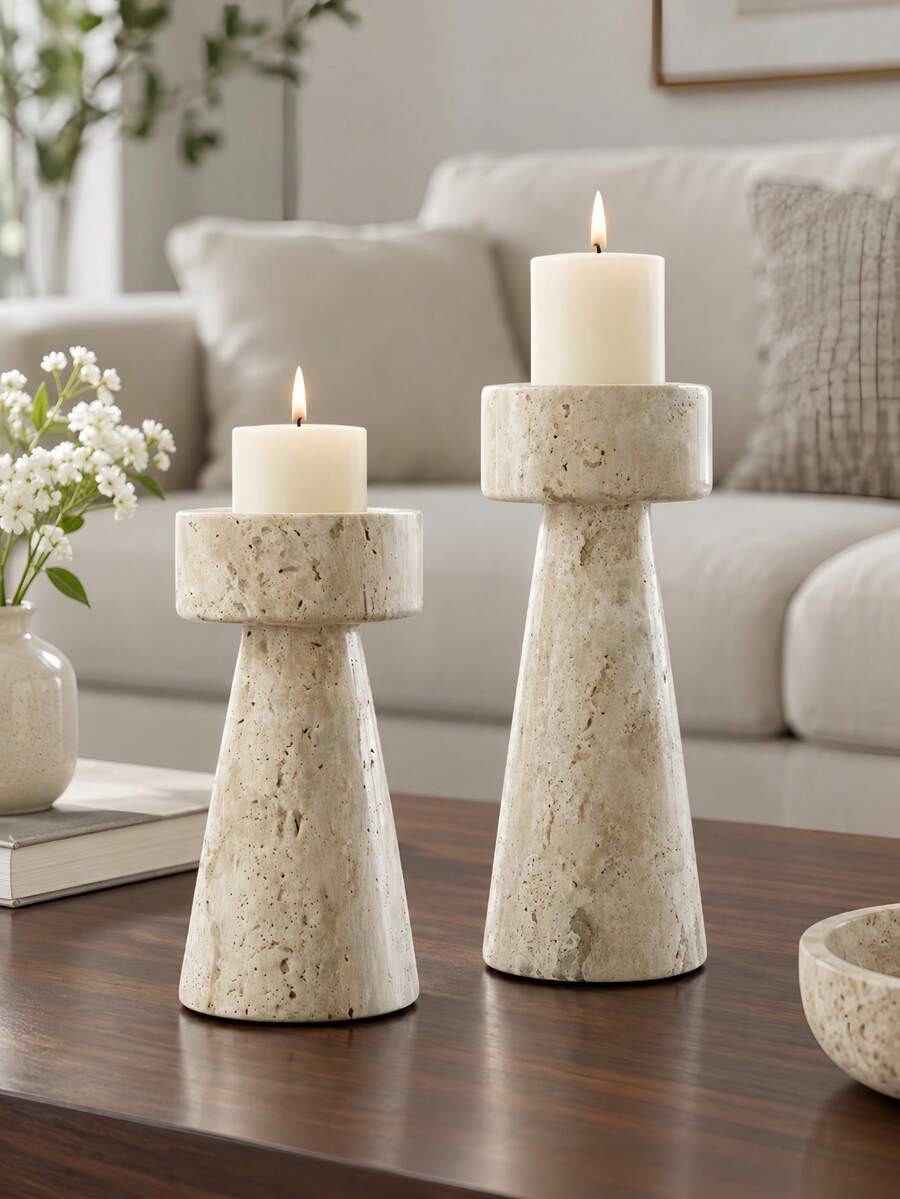 1pc Travertine Beige Pillar Candle Holder Set, Wabi-Sabi Stone-Effect Textured Candlestick, Minimalist Living Room Coffee Table Decor - Beige Travertine - View 1